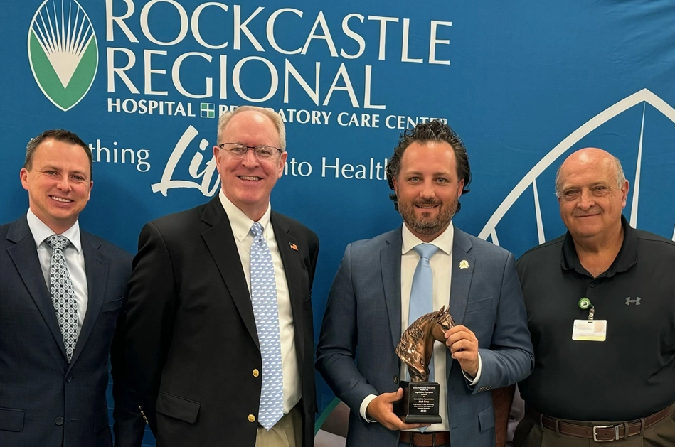 KHA Associate Vice President of Government Affairs Travis Burton, KHA Senior Vice President of Policy and Government Relations Jim Musser, Representative Josh Bray, and Rockcastle Regional Hospital and Respiratory Care Center President and Chief Executive Officer Stephen Estes