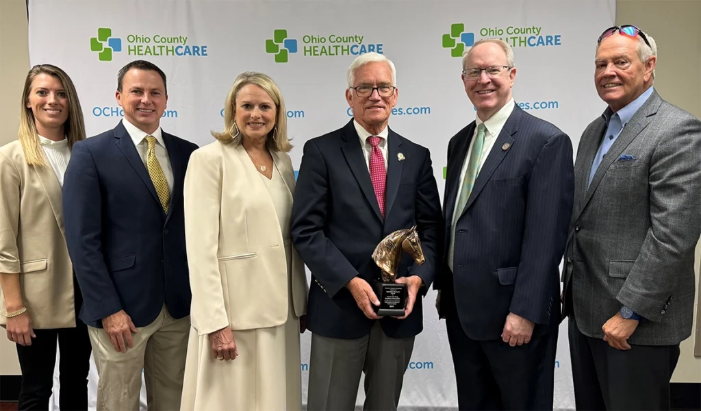 Pictured (left to right) are KHA Samantha Metzger; KHA Associate Vice President of Government Affairs Travis Buton; KHA President Nancy Galvagni; Senator Stephen Meredith; KHA Senior Vice President of Policy and Government Relations Jim Musser; and Capitol Solutions Manager/KHA Contract Lobbyist J. Ronald Pryor