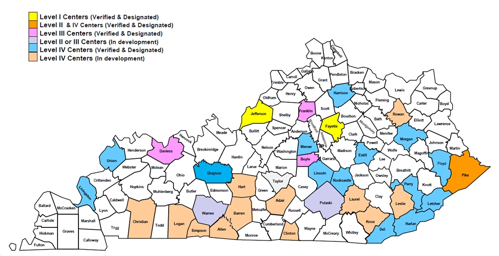 Map of Kentucky with trauma systems highlighted