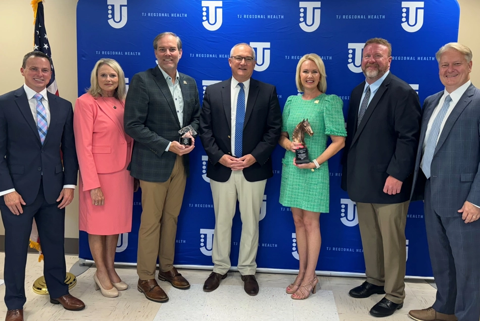 Pictured (left to right): KHA Associate Vice President of Government Relations Travis Burton, KHA President & CEO Nancy Galvagni, Senator Wise, T.J. Regional Health Board Chair Rich Alexander, Rep. Neighbors, T.J. Regional Health Chief Quality Officer/Chief of Hospital Operations Brandon Dickey, and T.J. Regional Health CEO Neil Thornbury, DSc.