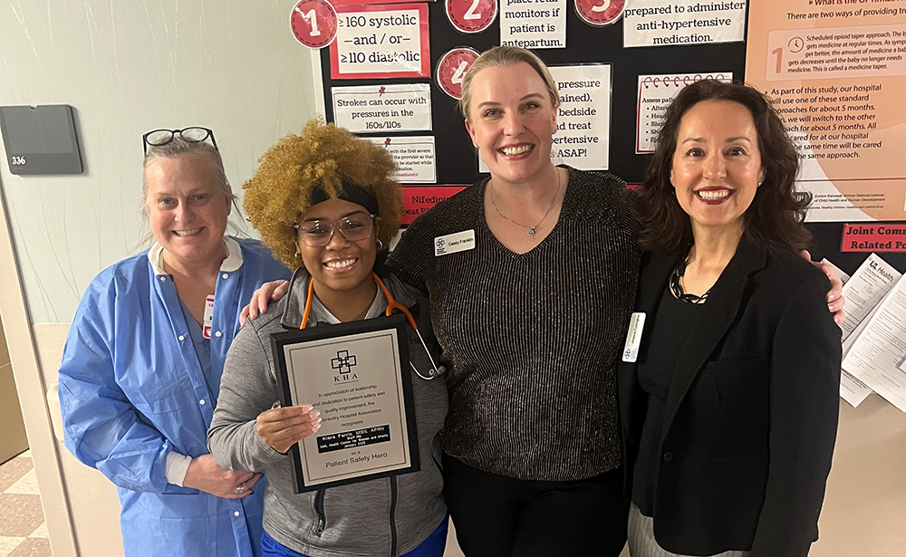 The KHA Quality Team presented the KHA Patient Safety Hero Award yesterday to Kiara Farris, staff nurse at UofL Health Center for Women and Infants.