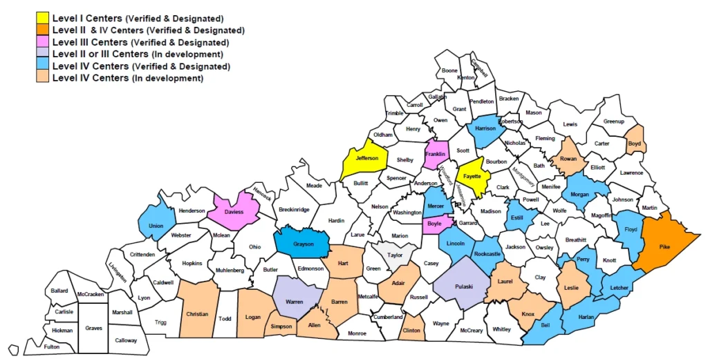 Map of Kentucky with trauma systems highlighted