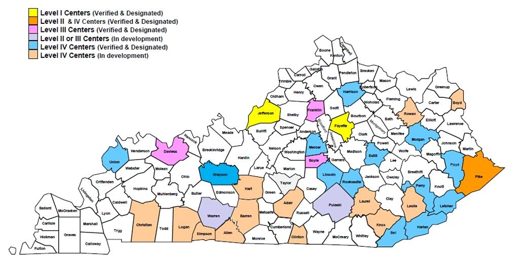 Map of Kentucky with trauma systems highlighted